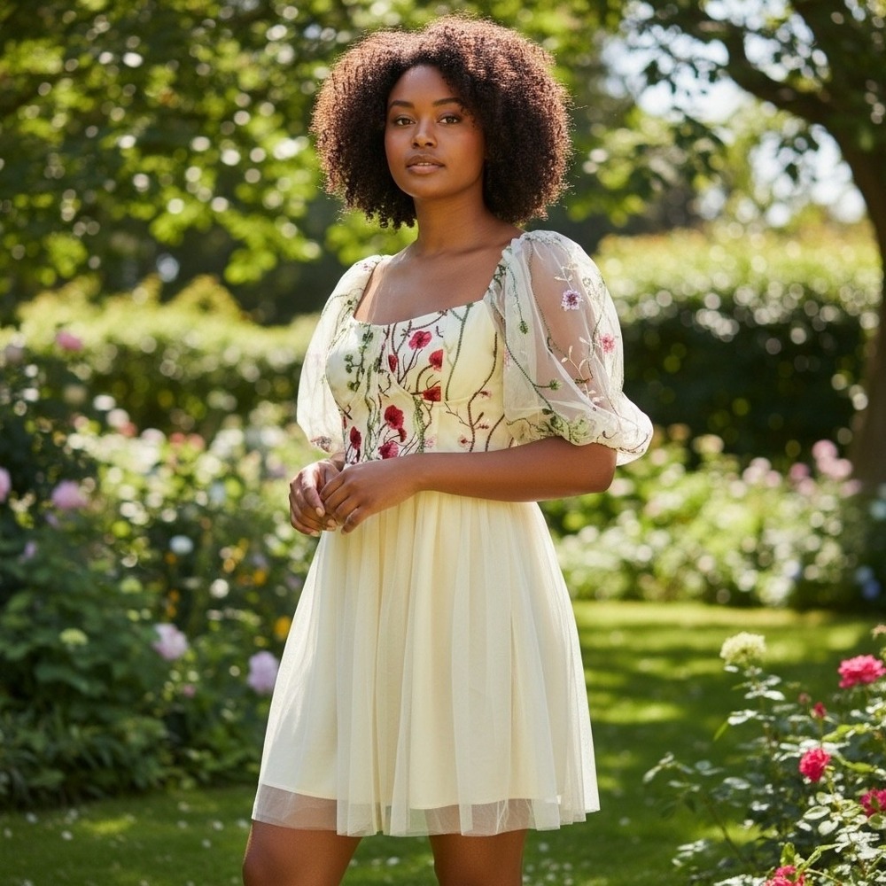 Fairy‎ Renaissance Floral Embroidered Puff Sleeve Tulle Dress 1X Corset Babydoll
